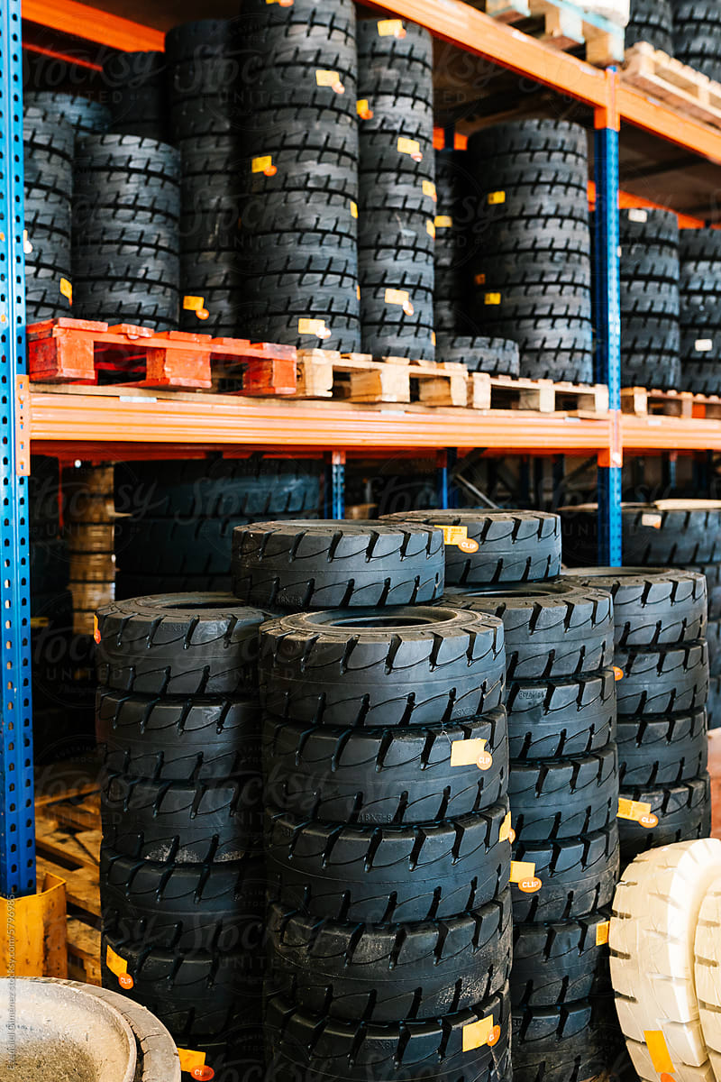Rows of tires placed in warehouse