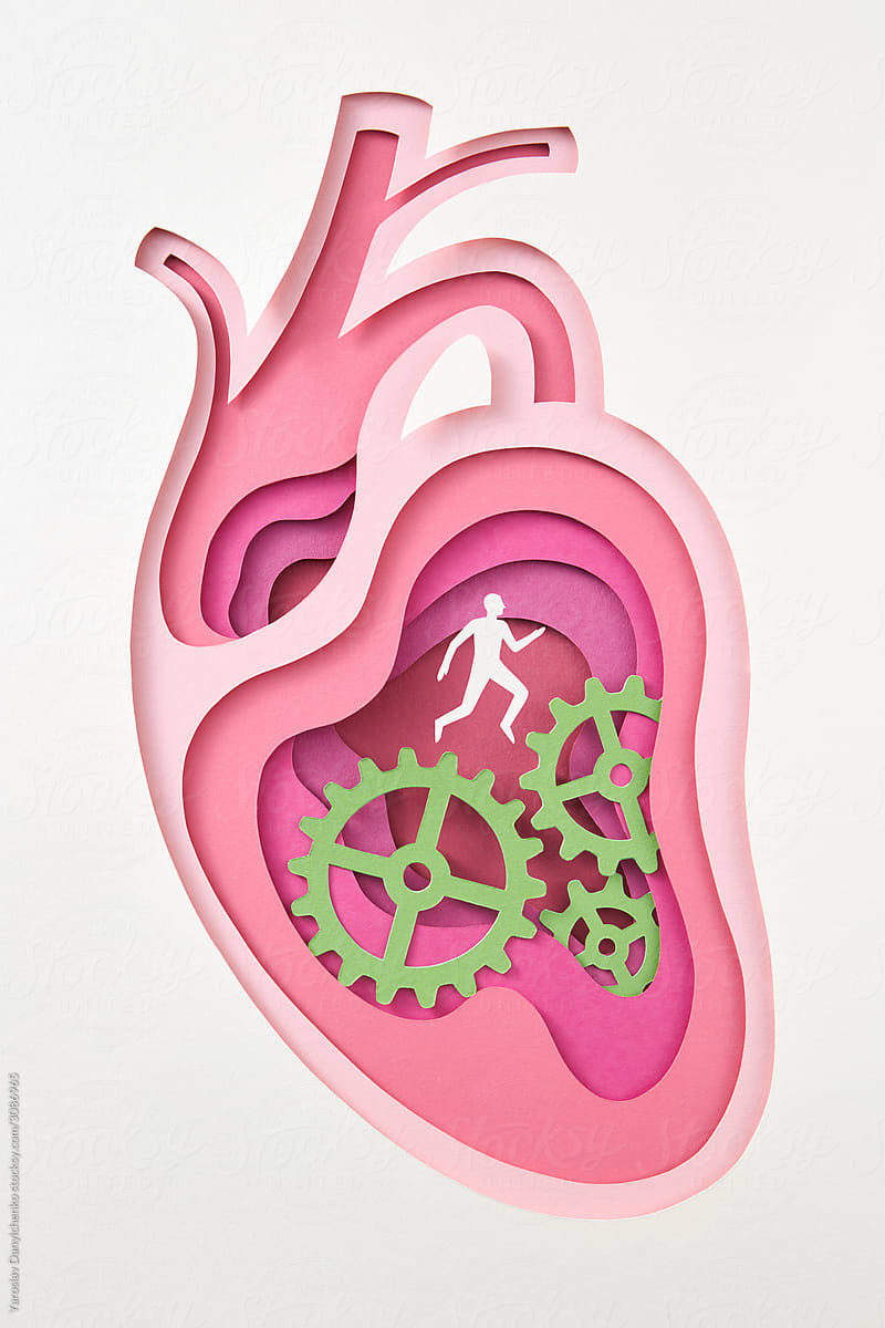 Papercraft abstract structure of human heart with runner and clockwork.