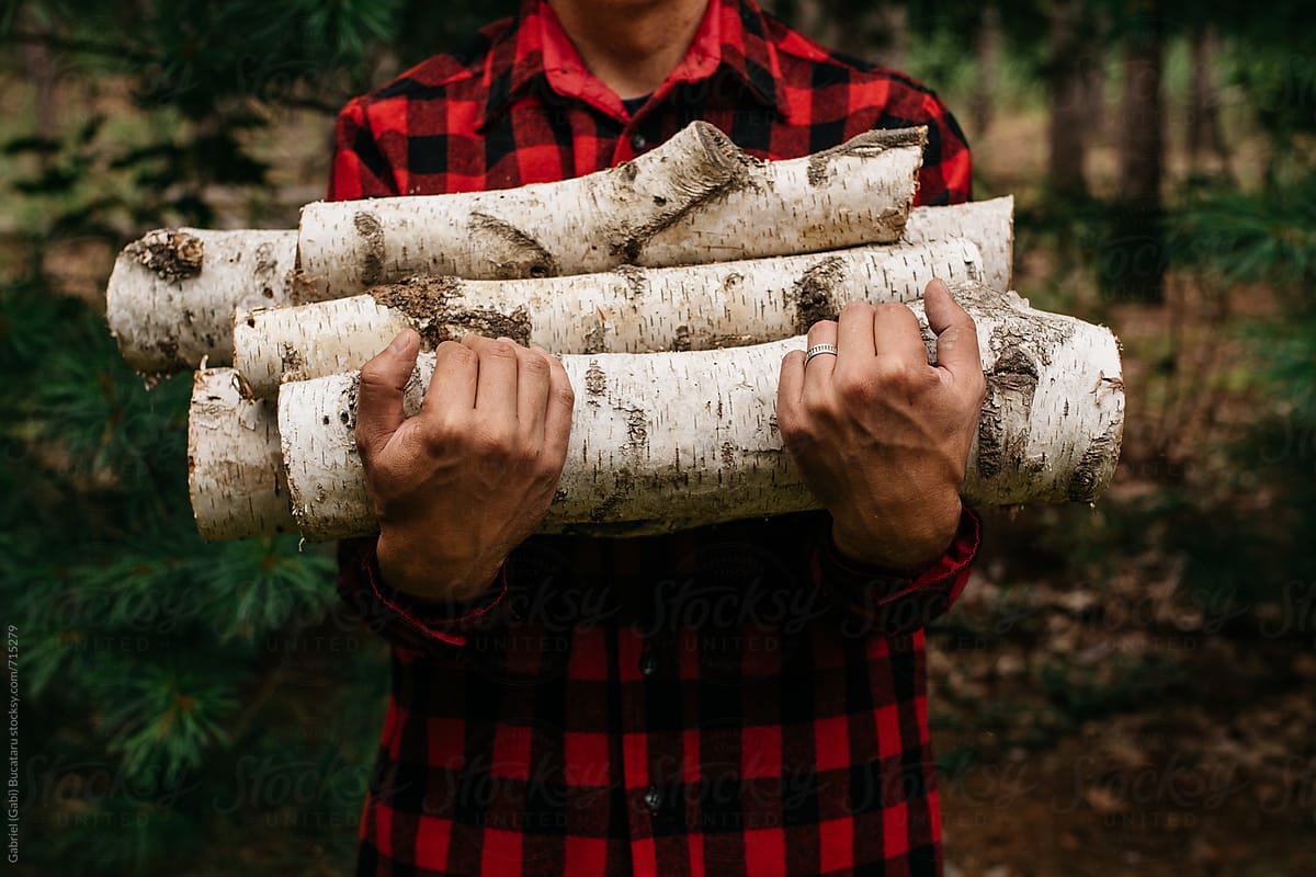 Men in red and black flannel holding firewood