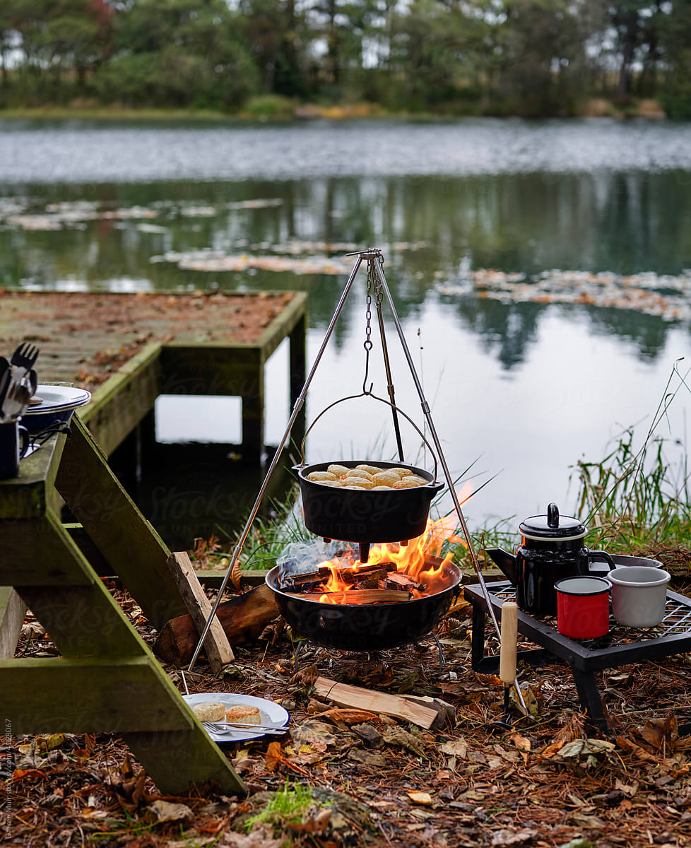 Campfire by a lake
