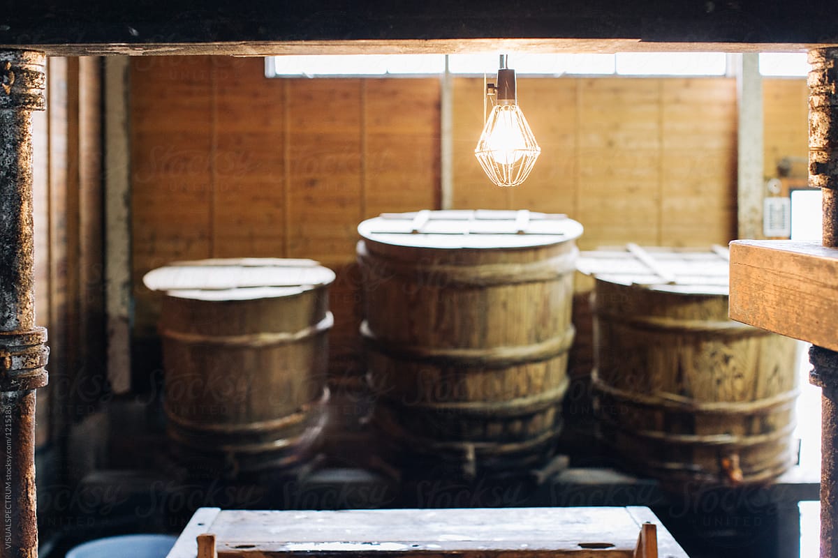 Bulb and Wooden Barrels in Traditional Japanese Factory