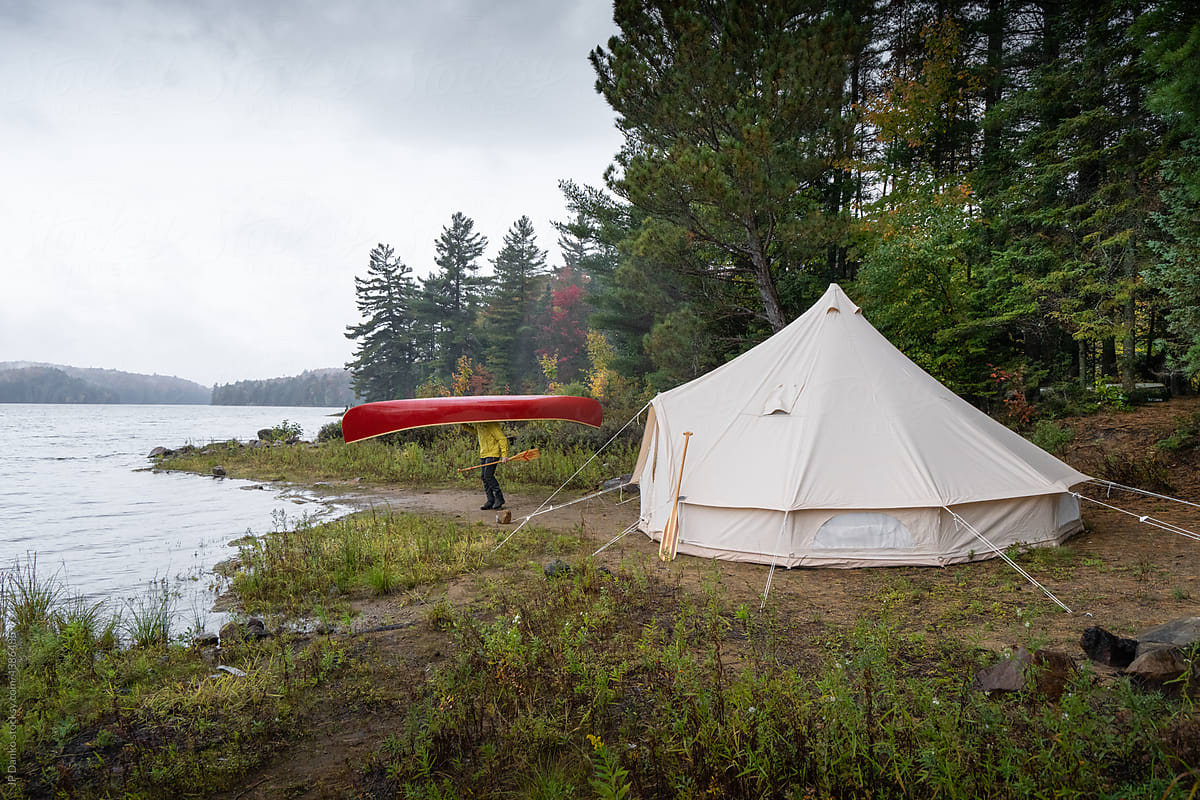 Autumn Campsite Canvas Tent Carrying Canoe