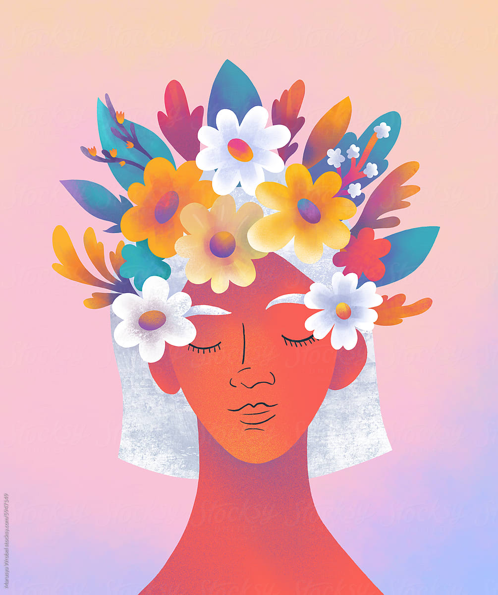 Serene Woman With Floral Headpiece on Gradient Background
