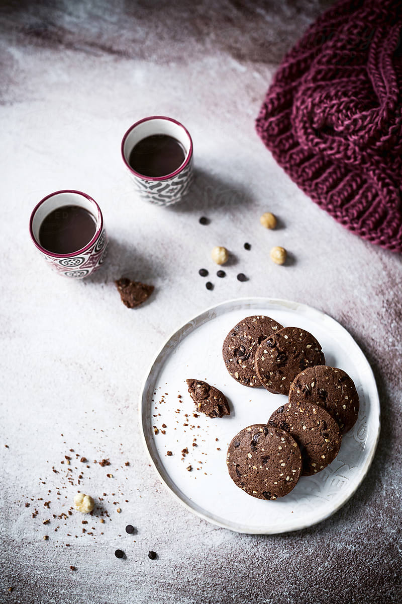 Chocolate cookies with hazelnut and chocolate chips
