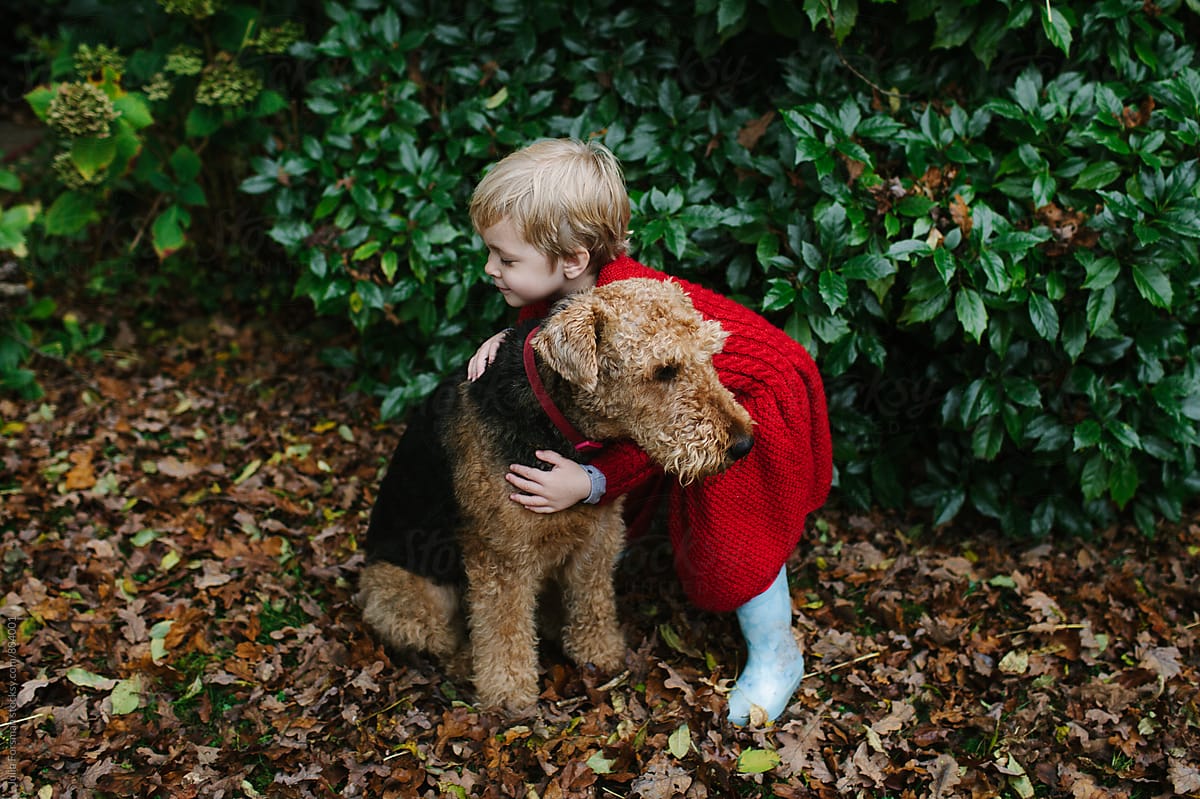 Girl hugging an Airedale dog in a garden