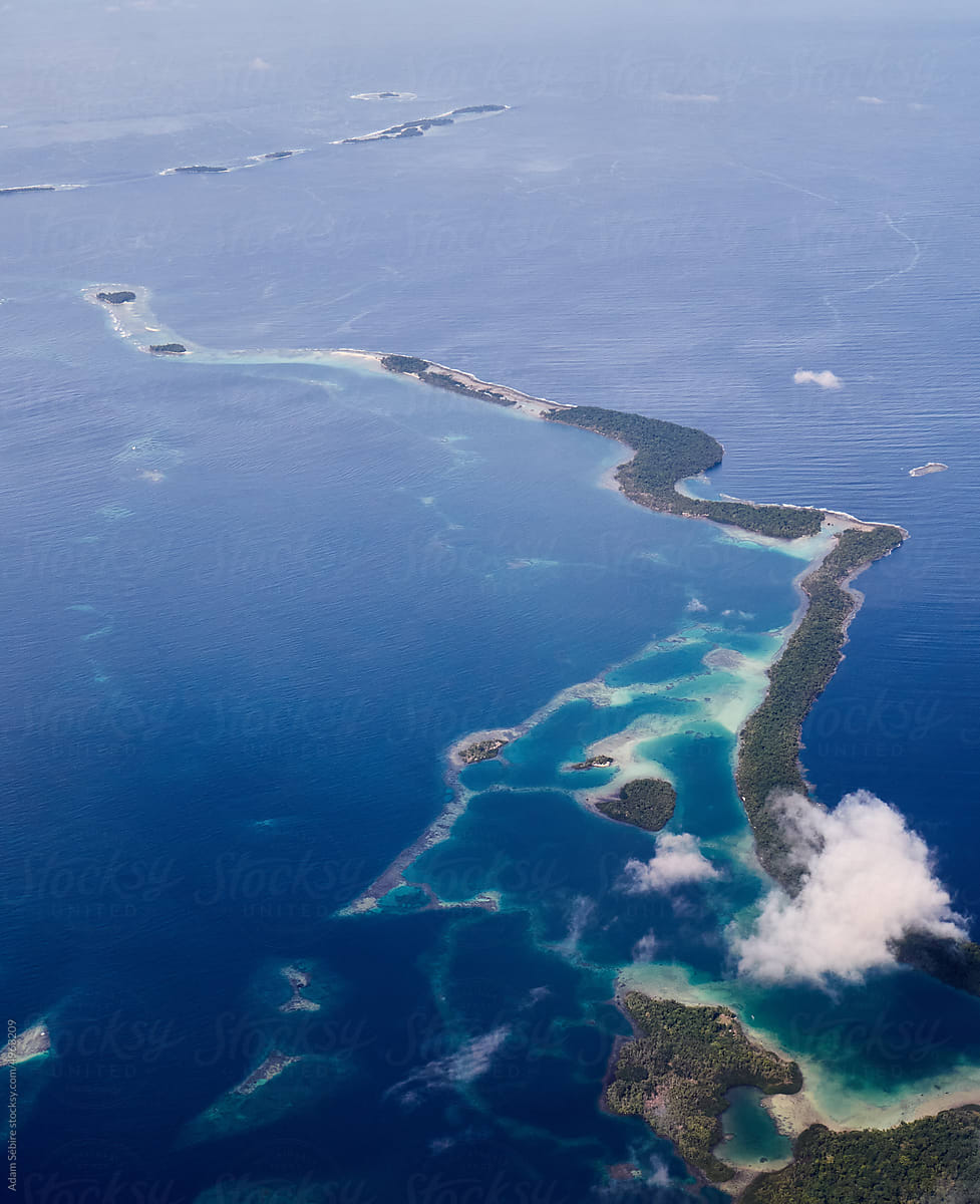 Flying over Solomon Islands chain of low-lying atolls, Pacific travel