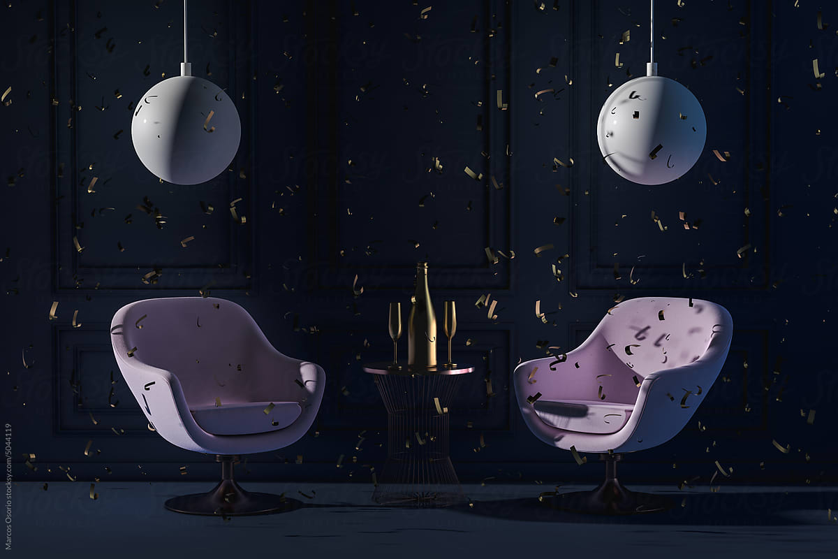 Interior with two modern armchairs under confetti