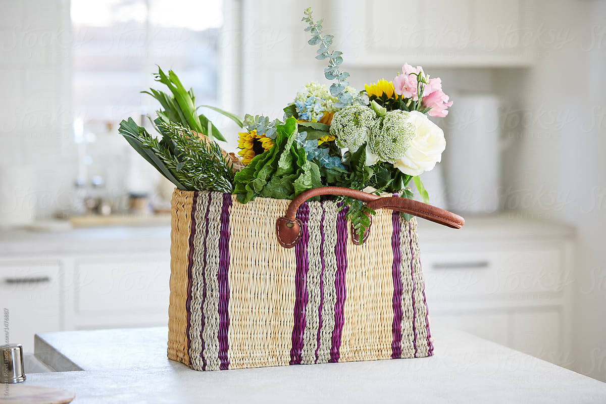 Farmers Market Basket with flowers and Vegetables