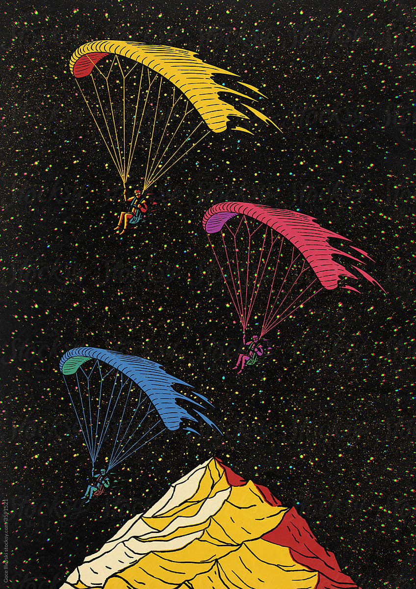 Paragliders Formation Flying In Starry Sky