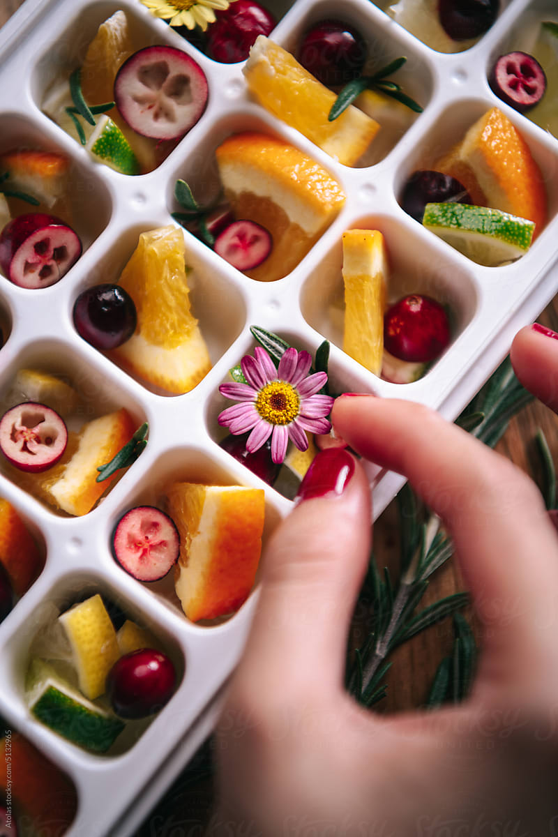 Edible flower in ice cube tray