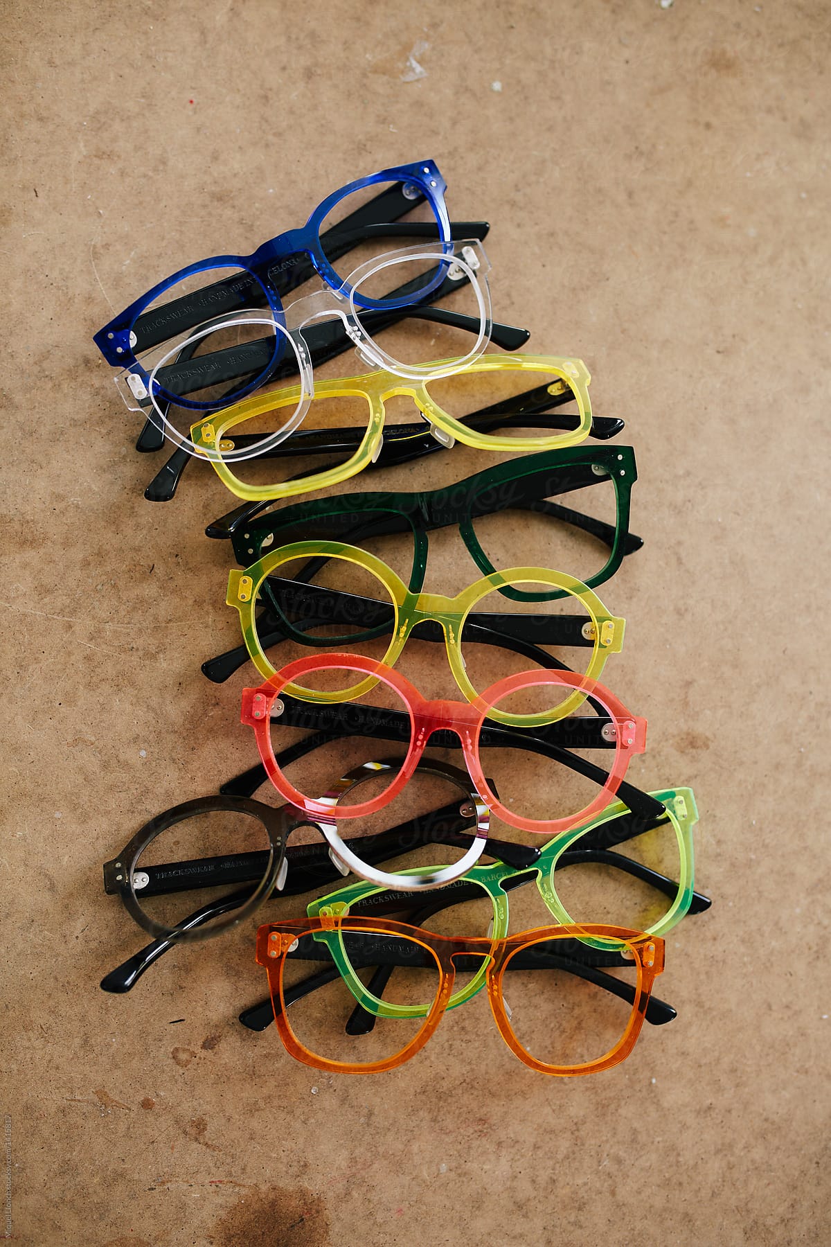Collection of different colorful eyeglasses frames
