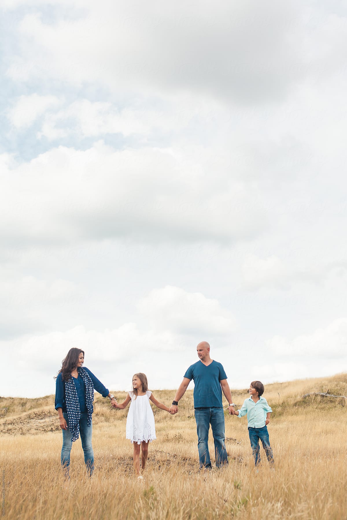 Family of four in a golden field with a big cloudy sky