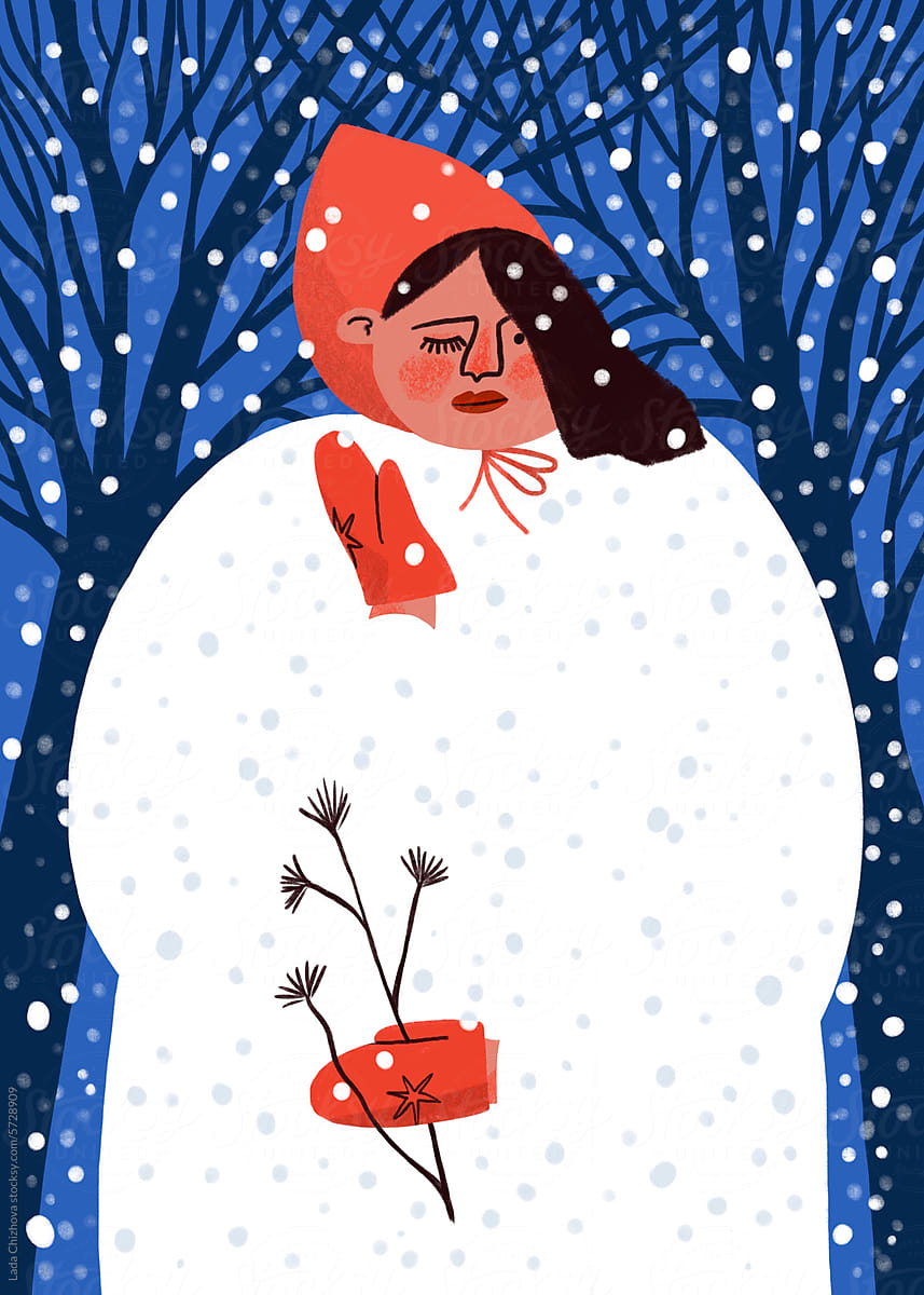 The woman in a red hat into a snowfall