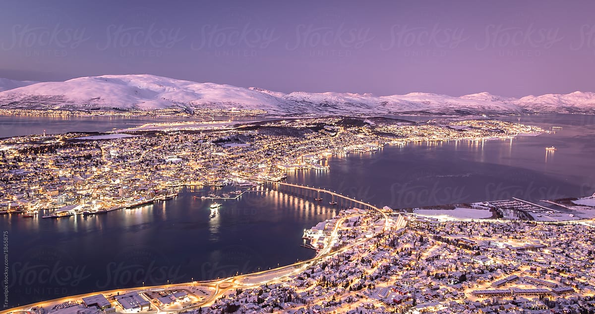 Aerial view of Tromso at sunset