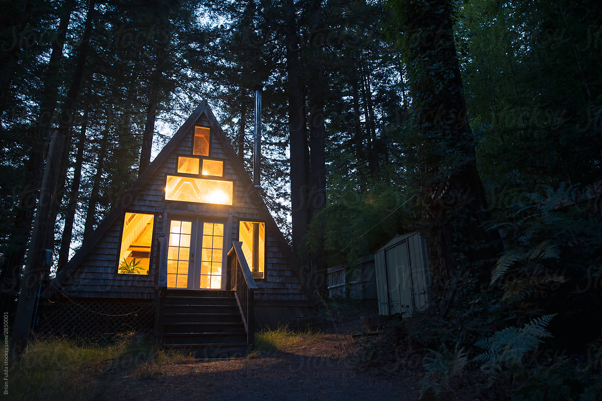 A-Frame Cabin in the Woods at Dusk, California