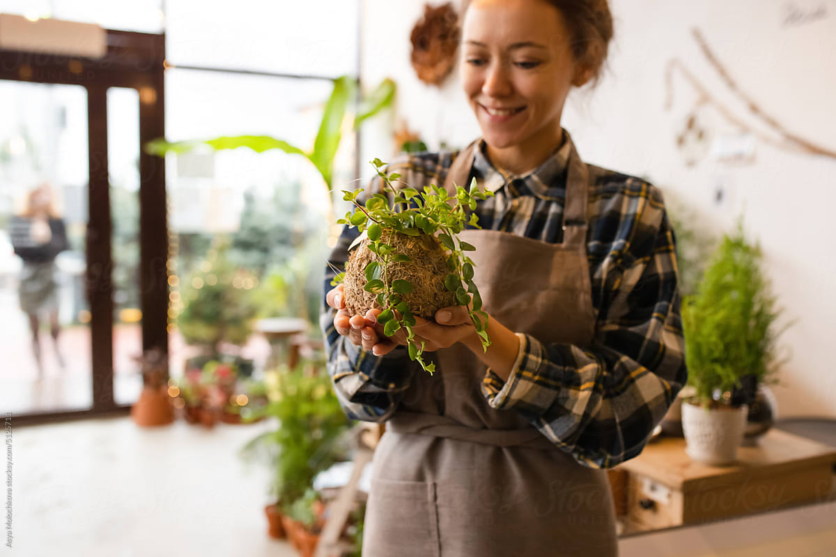 Young Woman Holding Potted Plant And Admiring It