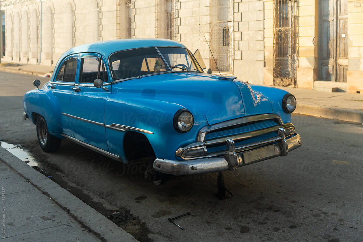 Old Blue Car Stopped On Street In Cienfuegos City
