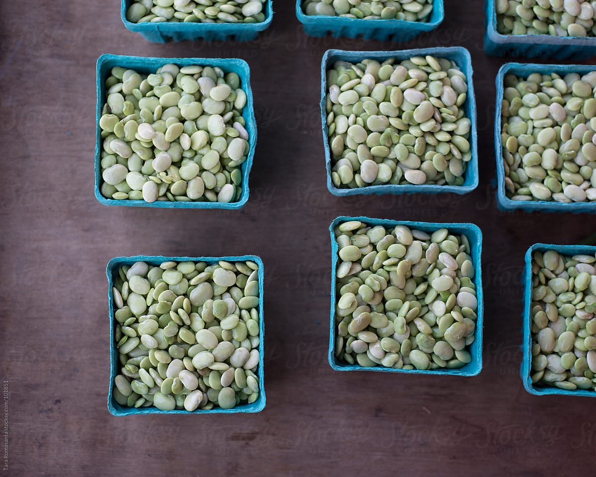 lima beans in aqua boxes at the farmer\'s market