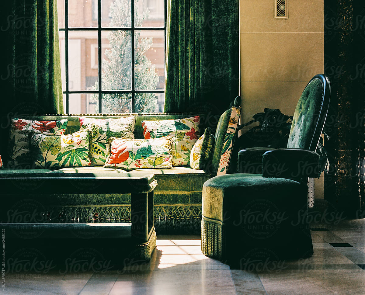 Green Velvet Furniture in Luxurious Hotel Lobby
