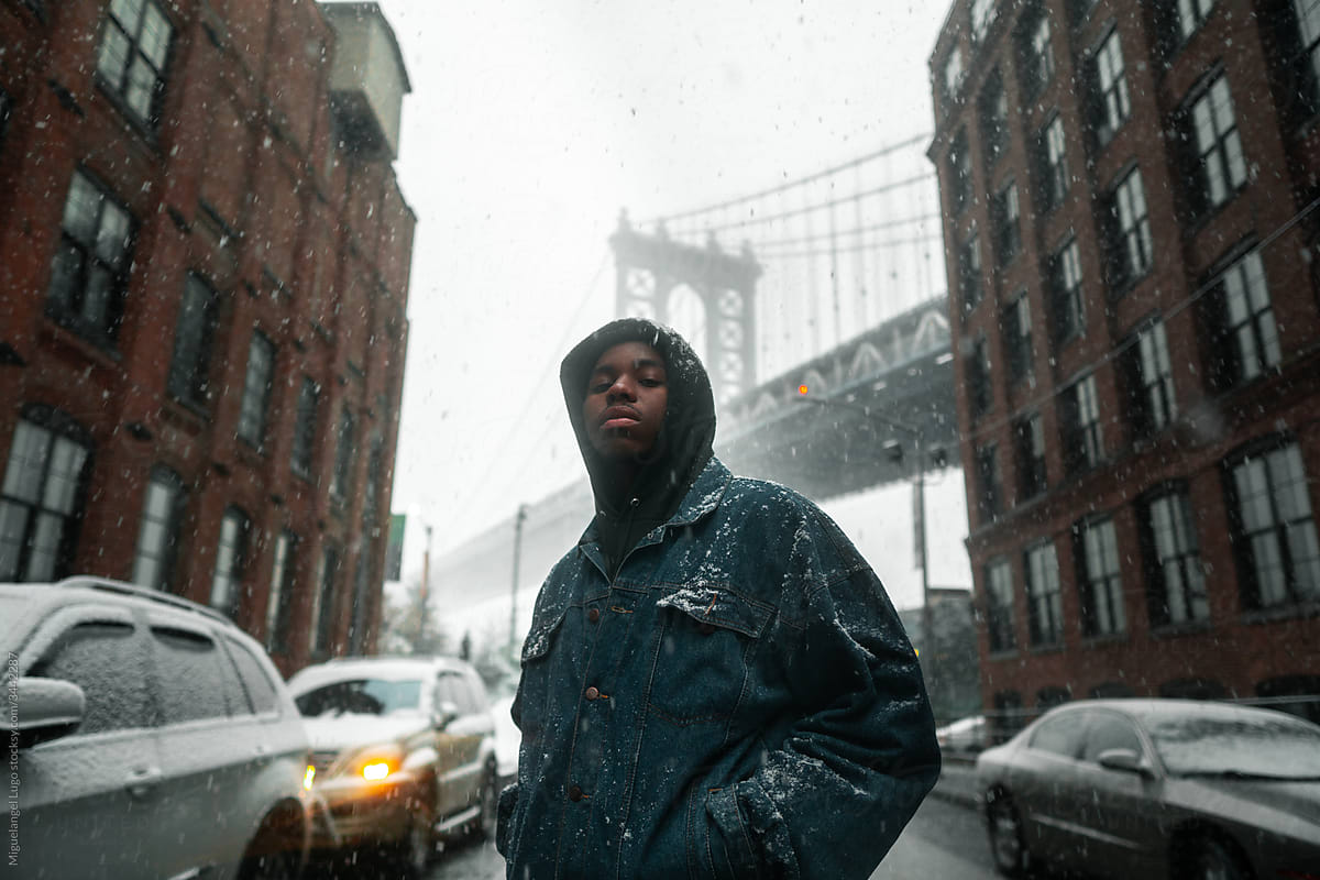 Young Black Man on City Street on Winter Day