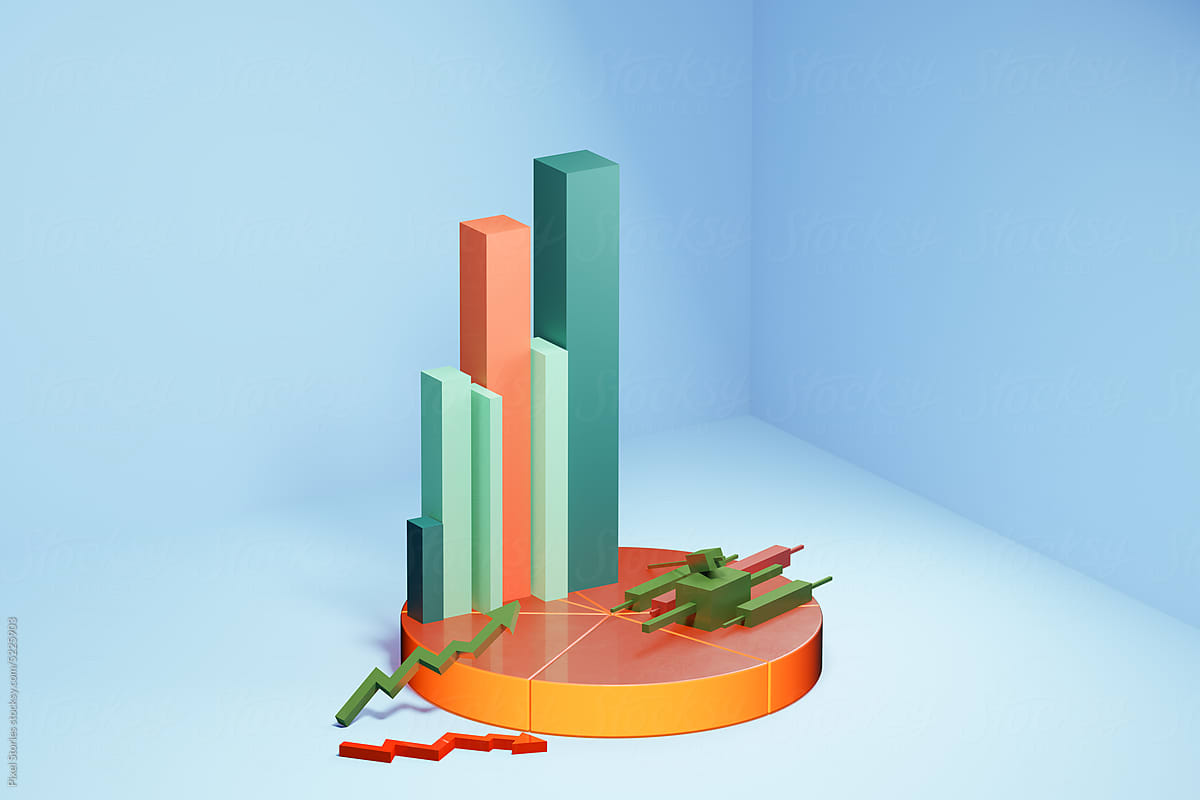 3D financial performance bar and pie charts, arrows results