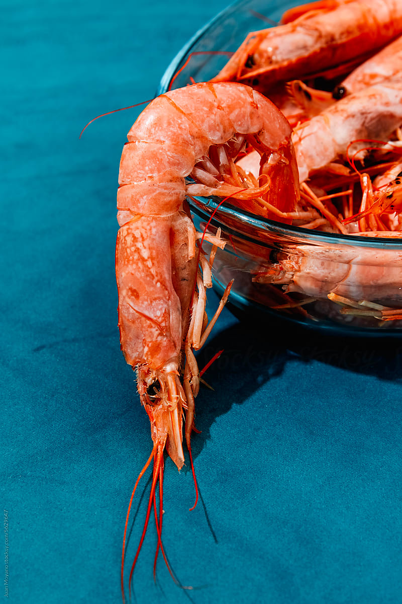red prawn in the edge of a glass tray