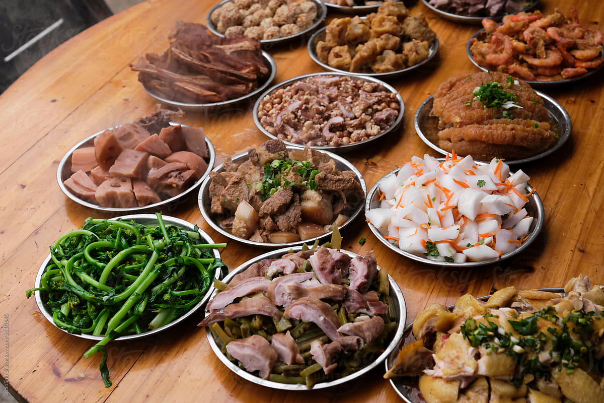 Delicious collection of various Chinese dishes, on the table