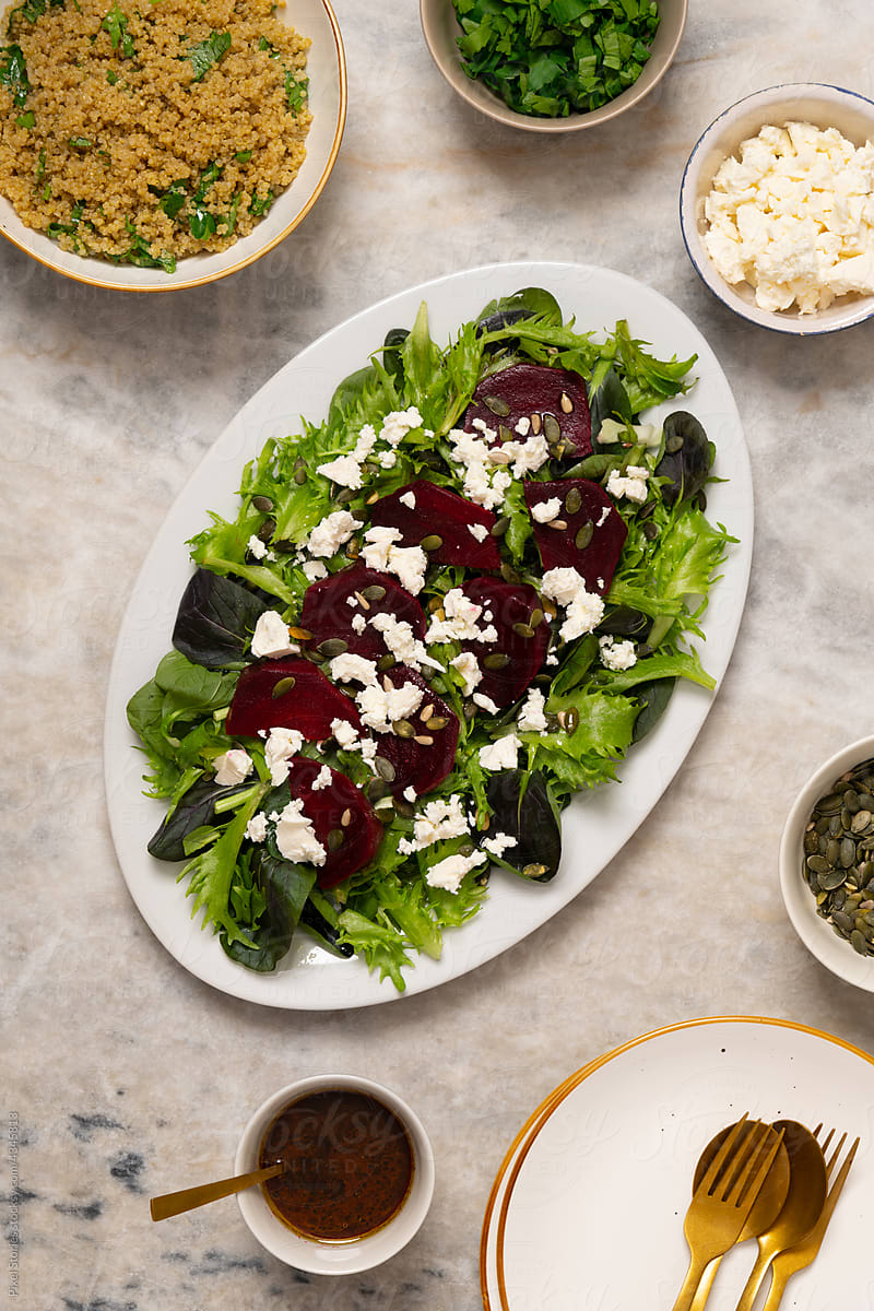 Easy fall beet salad with feta cheese and greens