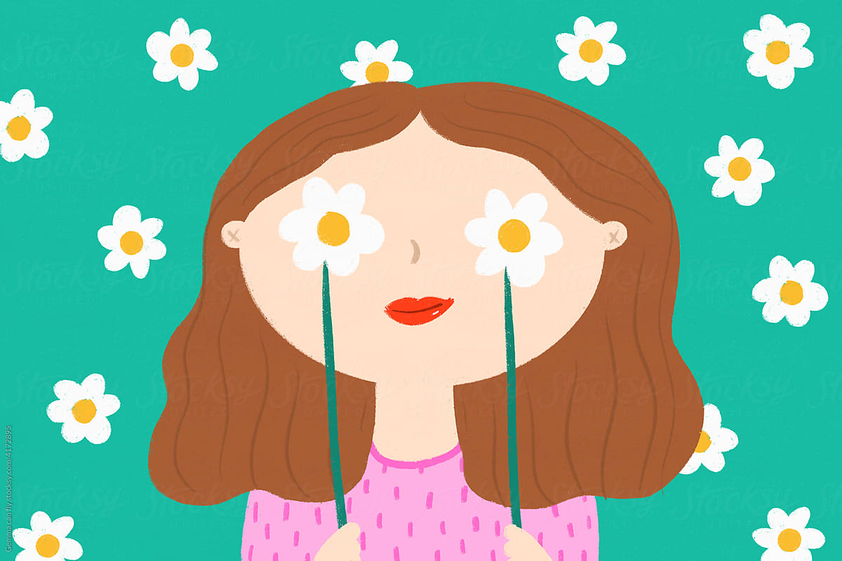 Woman with daisies flowers on her eyes