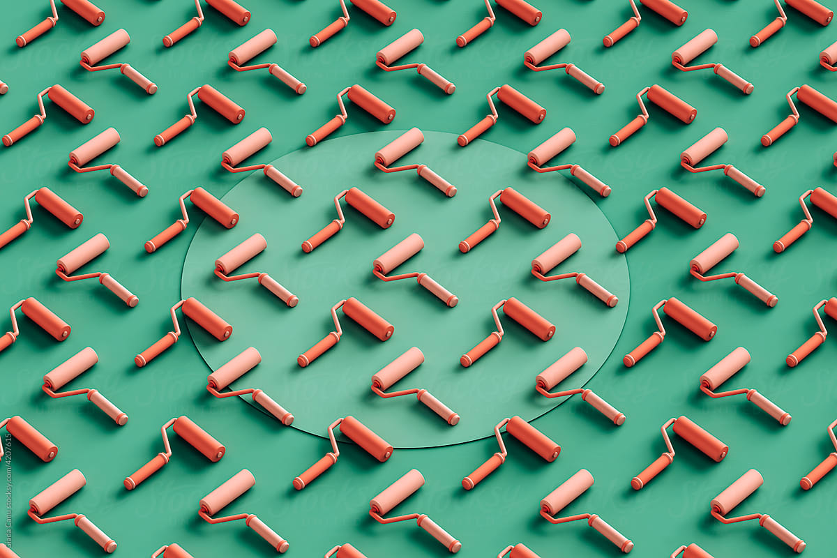 Large pattern of paint rollers and buckets. 3D render