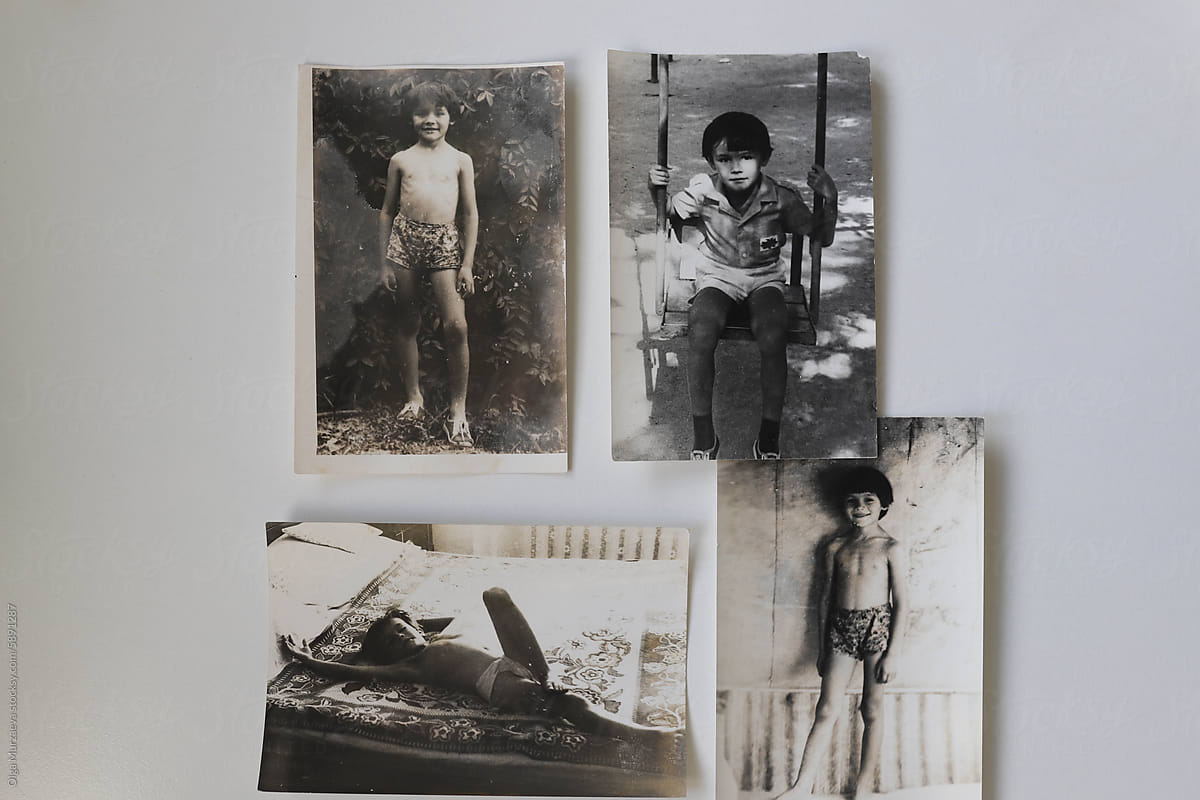 a collage of old photos from the boy\'s childhood