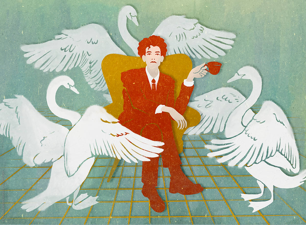 A man in a suit drinks coffee while sitting on an armchair. Around him are three white swans.