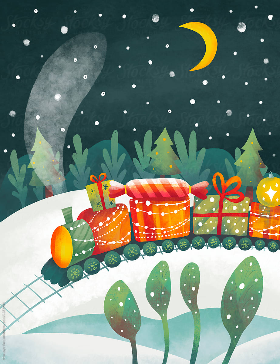 Christmas card concept: A fabulous Christmas train travels throu