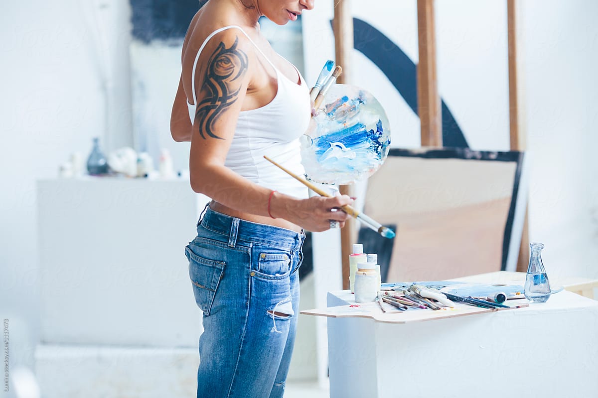 Woman Artist Preparing Palette for Painting
