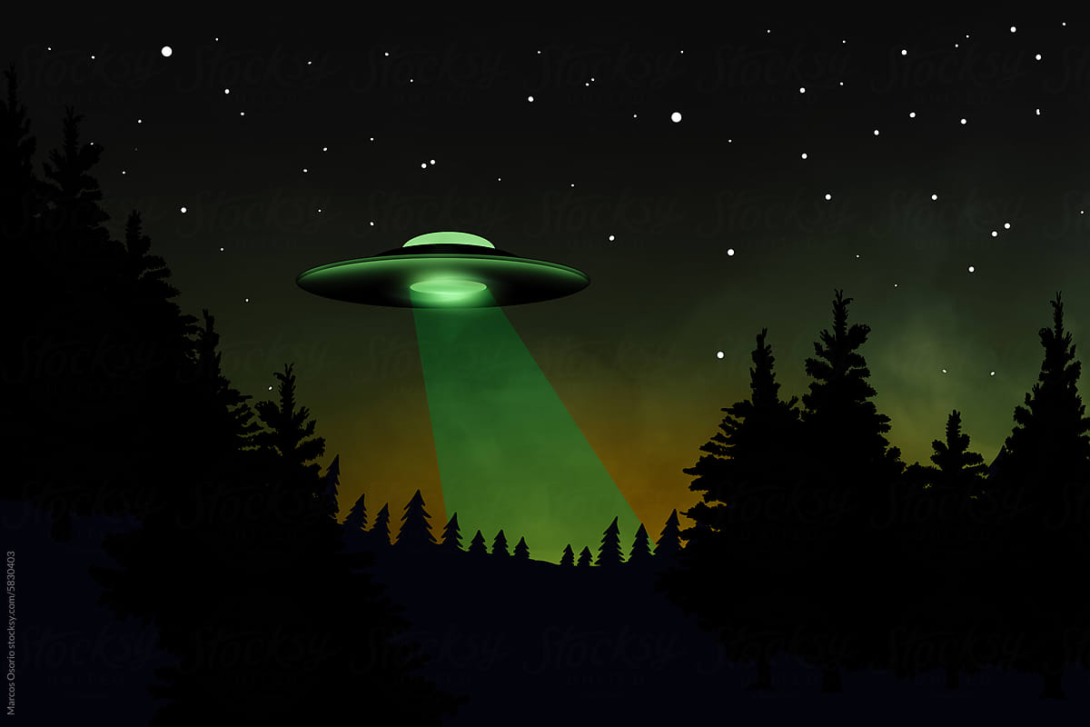 A green ufo flying over a forest under a night sky