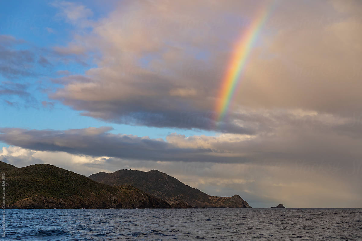 Beautiful nature landscape rainbow off coast of St. Martin Caribbean