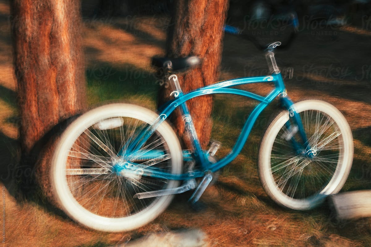 Blurred focus of old cruiser bike leaning agains pine tree