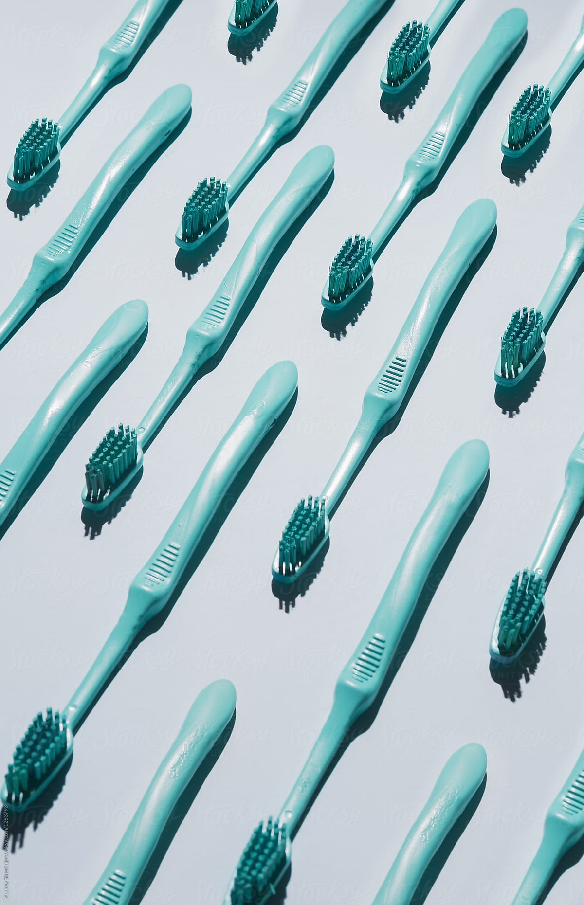 Arranged toothbrushes.