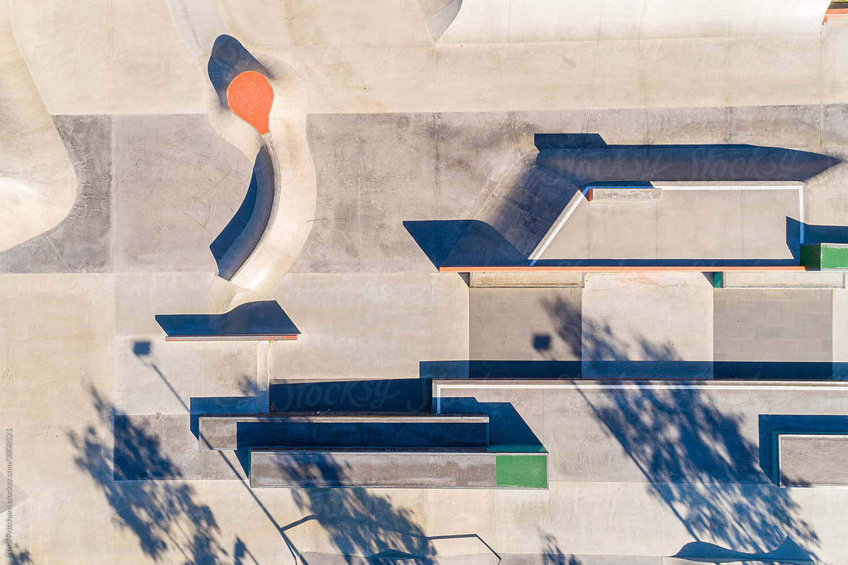Aerial views over concrete skate park