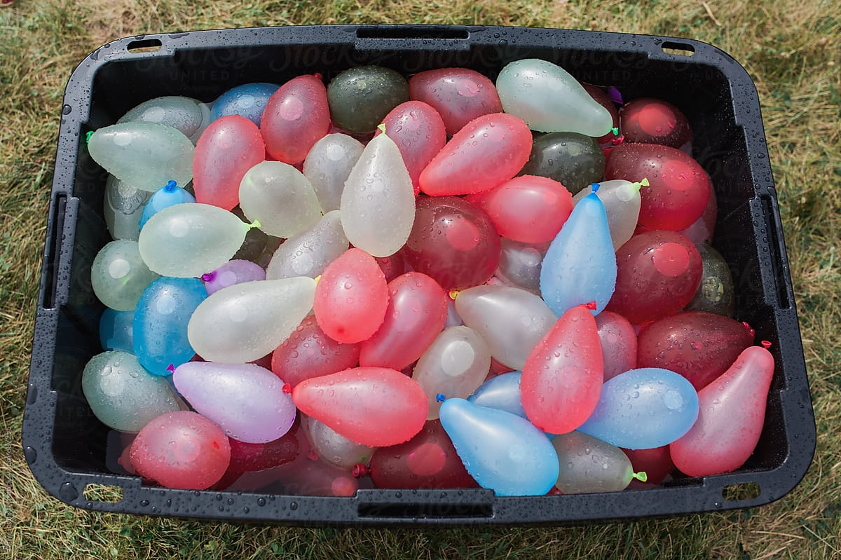 Container filled with water balloons