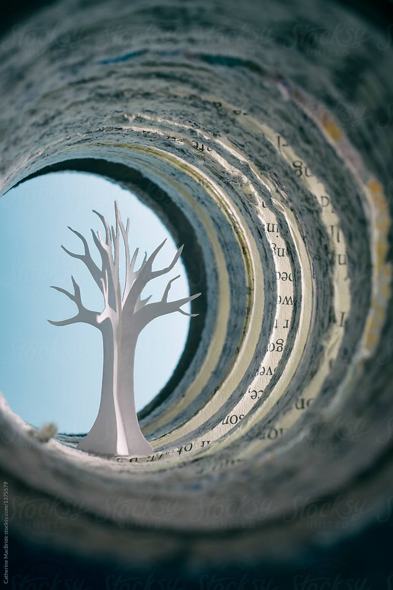 A story in a book, a little paper tree inside a tunnel carved into a books pages