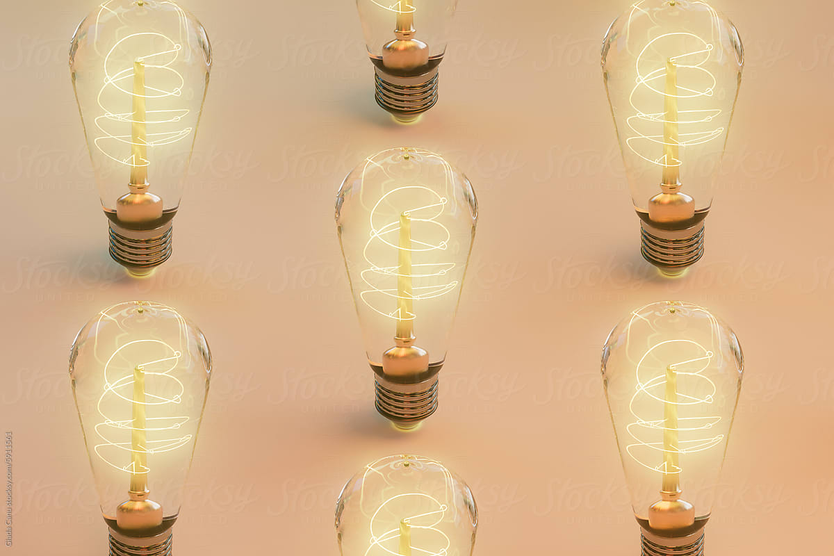 Symmetrical Arrangement of Edison Light Bulbs on Gradient Backgr