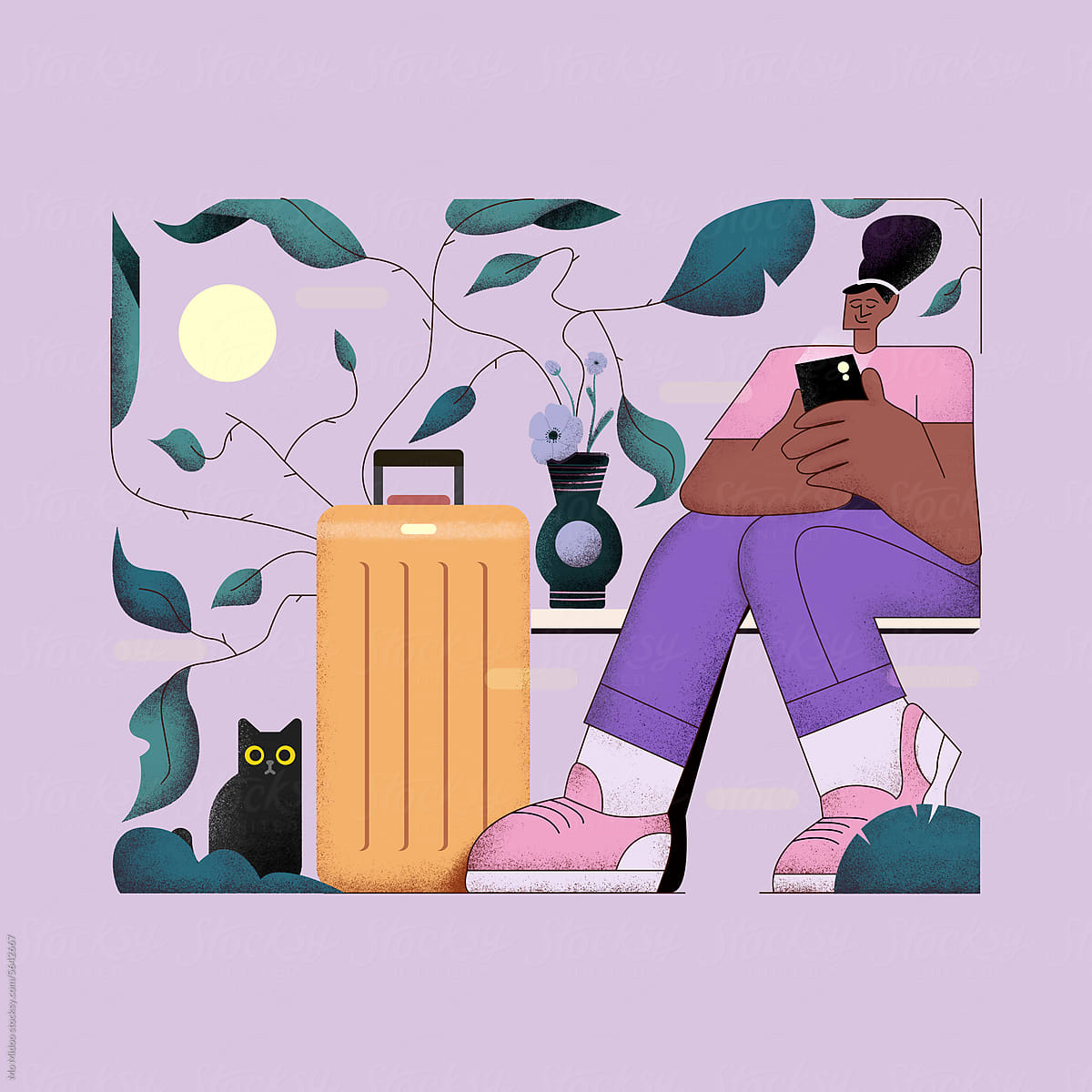 illustration of a woman sitting on a bench with a suitcase next to her