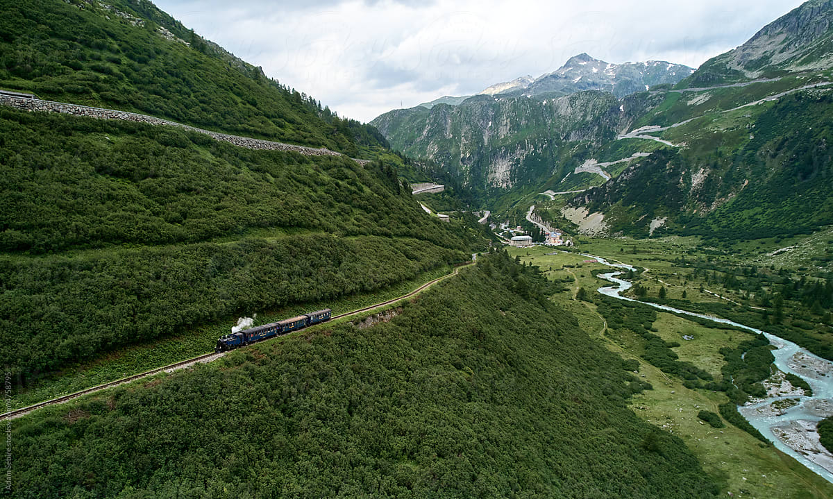 Steam train railway, Fiesch, Switzerland - aerial view