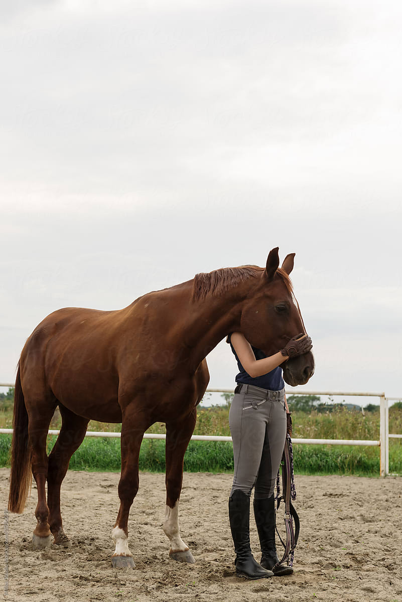 Anonymous woman with gorgeous horse in paddock