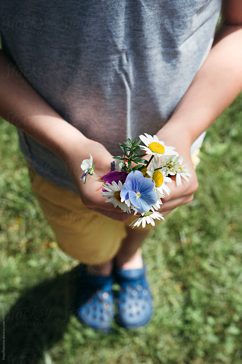 Child with summer meadow flowers in hands.