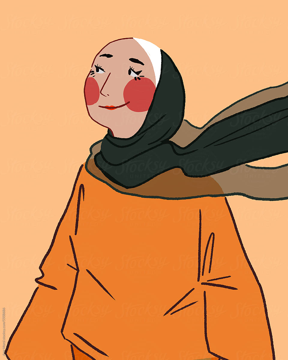 an illustration of a girl in an orange skirt and black Hijab