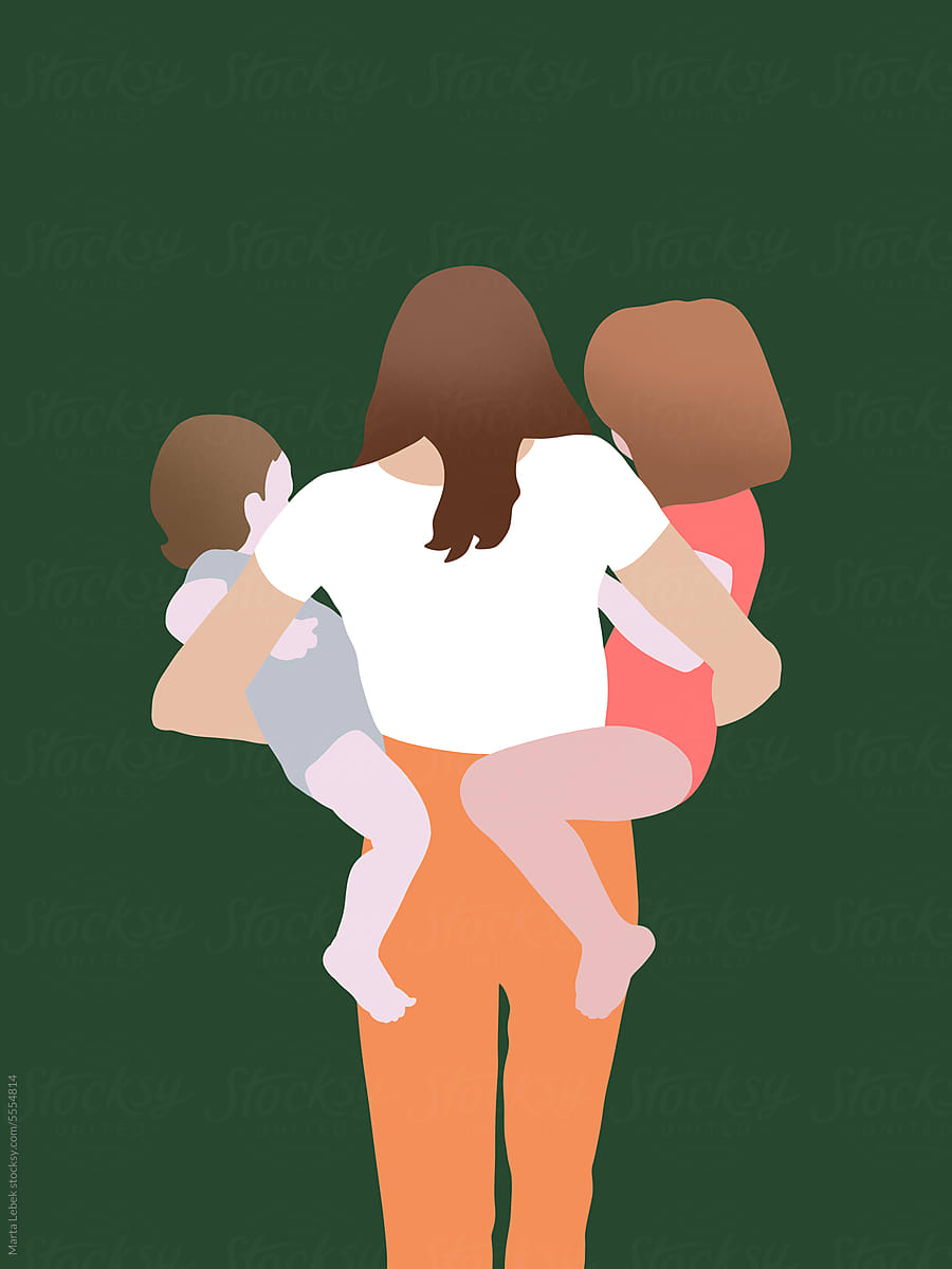 Mother holding two kids