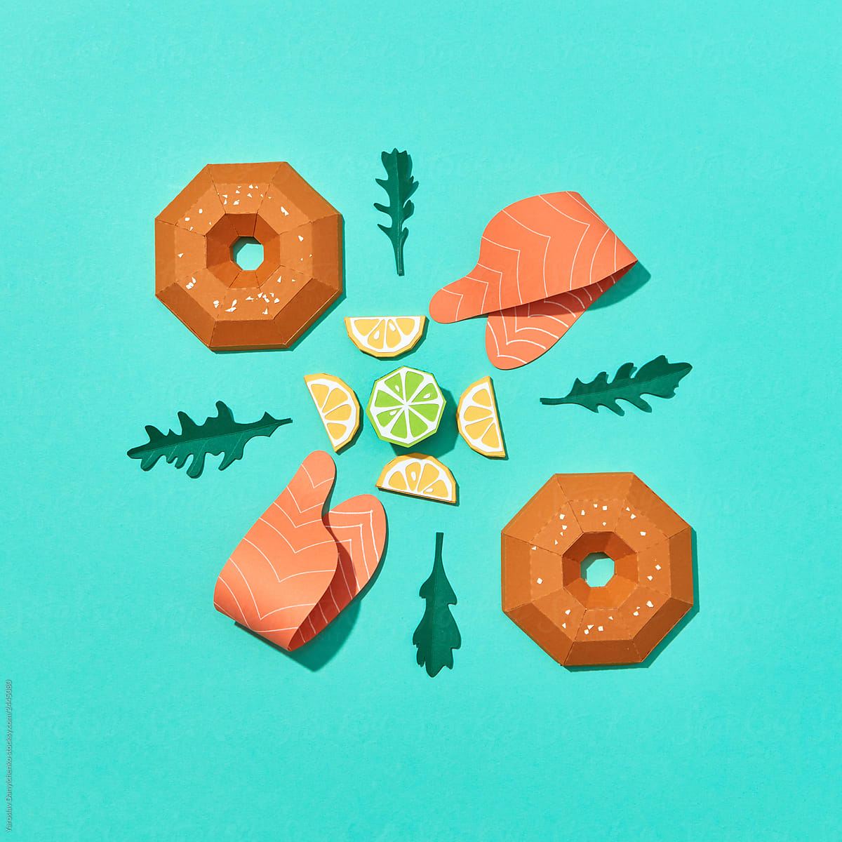 Paper handcraft products for a bagel with salmon.