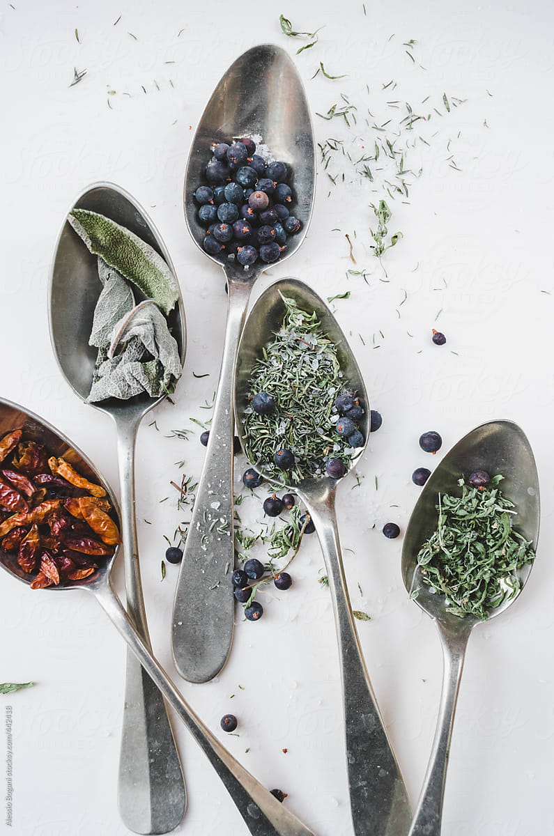 Juniper berry, marjoram, chili peppers, sage and thyme spices on white background